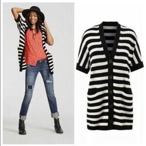 Cabi # 5289 WHISTLE CARDIGAN Black/White Striped Short Slv Cardigan Sweater  XXS
